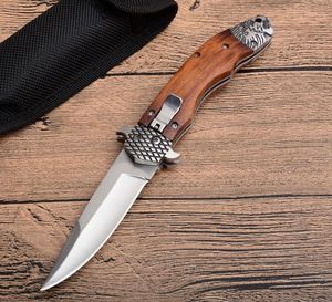 High Quality Auto Tactical Folding Knife Cr13 Satin Blade Wood Handle Outdoor EDC Pocket Knives With Nylon Sheath