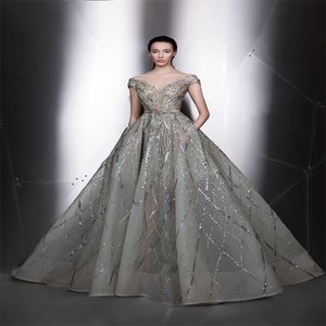 Ziad Nakad Light Green Evening Dresses V-neck Sleeveless Bling Crystal Sequins Ruched Tulle Custom Made Prom Dress Long Formal Party Gowns