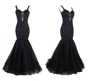 Black Mermaid Prom Dress Lace Spaghetti 2021 Suknie Wieczorowe Nosić Backless Tulle Kobiet Specjalne okazje Formalne Suknie Party Długie Tanie