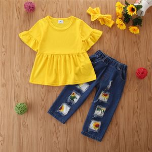 2-6t Kids Roupas Conjunto de Crianças Crianças Outfit Verão Amarelo T Shirt Top + Hollow Jeans Crianças Conjunto de Roupas 3pcs