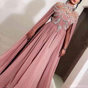 Nowe Różowe Muzułmańskie Suknie Wieczorowe A-Line Illusion High Neck Crystal Szyfon Islamski Dubaj Kaftan Saudyjska Arabska Długa Suknia Wieczorowa