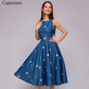 Hot Sale Capucines Elegant Vintage Dot Printing A-line Women Summer Sleeveless O-neck Mid-calf Casual Dress Female Vestidos