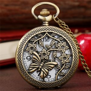 Bronzo antico Scava fuori fiori Farfalla Design Orologio da taschino da donna Lady Orologi al quarzo analogici Collana Catena reloj de bolsillo