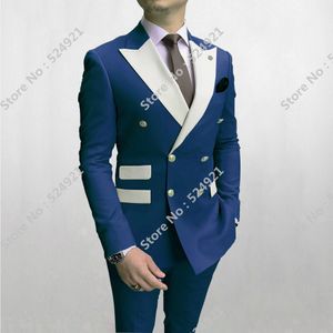 Double Breasted Homens ternos azul marinho e branco Noivo Smoking pico lapela Groomsmen Wedding Best Man 2 peças (jaqueta + calça + empate) L589