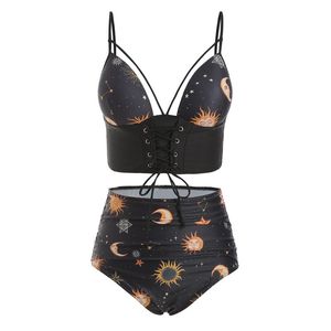 Voorkant gebonden badkleding voor vrouwen Hoge taille Lace Up Ruched Sun Star and Moon Tankini Set Spaghetti Bandjes Patded Badpak