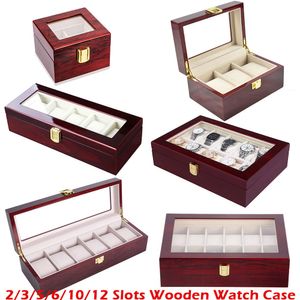 Träklocka Case Glas Top Träklockor Visa lagringsuppsamlare 6/10/12 Slots Handled Watch Holder Box Smycken Arrangör D40 CX200807