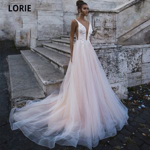 Lorie Sexig Deep V-Neck Bröllopsklänningar Appliques Beaded Flowers A-Line Anpassad Brudklänning Princess Robe de Marie Marrie