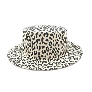 New Unisex Leopard Flat Top Hat Imitation Wool Women Fedoras Hats Stylish Vintage Trilby Caps Panama Jazz Hat