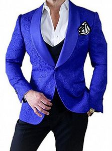 Mode Royal Blue Embossing Groom Tuxedos Sjal Lapel Groomsman Bröllop Tuxedos Men Prom Jacka Blazer 3 Piece Suit (Jacka + Byxor + Tie + Vest) 2