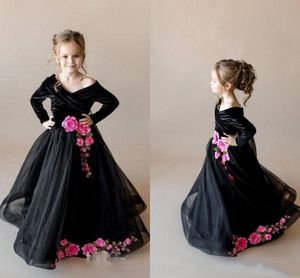 2020 Fall vinterflickor fest kväll klänningar långärmad sammet blommig applique blommor unika v-neck dragkedja pagant klänning prom littler