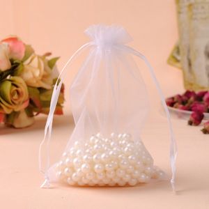 Sacchetti regalo di gioielli in organza bianca 100 pz / lotto Sacchetti di imballaggio regalo economici per Natale / matrimonio Drawable Organza Voile