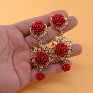 Baroque Court Style Women Long Drop Earrings Vintage Red White Flower Dangle Earrings Exaggerated Jewerly For Show Party