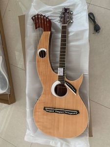 Custom 6+6+8 String Double Neck Acoustic Electric Harp Guitar, Natural Wood