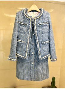 Autumn New Women's O-hals långärmad lyxig design Beading Tweed Woolen Coat and Tank Dress Twinset Plus Size S M L