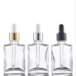 Kosmetische Verpackung 1oz Quadratform Aromatherapie ätherische Öle Flaschen Gefriert klare schwarze Glasserum -Tropfenflasche 30 ml mit Augenpipette