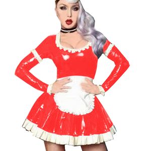 11 Cores Low Cut Long Sleeve empregada doméstica avental vestido clássico Ladies Servo A linha Patchwork vestido do PVC Cosplay fantasia de Halloween