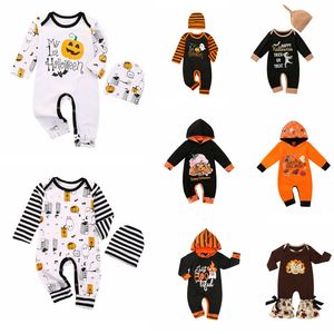 Halloween Baby Clothes Pumpkin Letter Girls Romper Hat 2pcs Set Long Sleeve Infant Boy Jumpsuits Boutique Baby Clothing 8 Designs DW5964