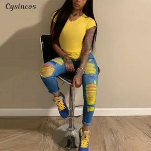 CYSINCOS Sexy Ripped Jeans para mulheres Denim Pencil Calças de cintura alta estiramento magro Boyfriend Jeans rasgado Jeggings Plus Size