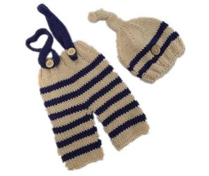 2pcs Set Navyblue Beige Striped Infant Baby Hats Crochet Outfits Newborn Boys Pography Props Costume Handmade Knitted hat Sho217B
