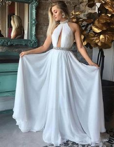 Yeni Özelleştirmek Beyaz Gelinlik Modelleri A-Line Halter Boncuklu Şifon Backless Parti Maxys Abiye Robe de Soiree Uzun Balo Elbisesi