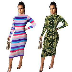 Casual Dresses Women Winter Autumn Dress Stripe Camo Bodycon Long Sleeve Mid Cald One Piece 2021 Arrival