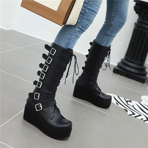 Ymechic Winter Gothic Punk Damskie Buty Platformowe Czarny Pasek Klamry Lace Up Preeper Klinia Buty Mid Calf Wojskowy Balki Buty