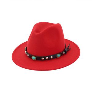 New Women Men Wool Fedora Hat With Agate Leather belt Gentleman Elegant Lady Winter Autumn Wide Panama Jazz Cap