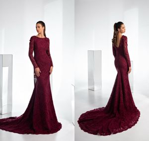 Eleganckie suknie wieczorowe Klejnot Długie Rękawy Koronkowe Aplikacje Mermaid Prom Suknie Custom Made Sexy Backless Sweep Pociąg Specjalna okazja Dress