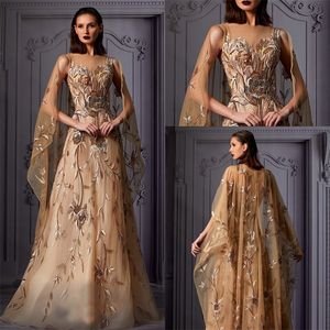 Guld prom klänningar med wrap lyx pärlor spets appretiqued ruffles aftonklänning sexig ärmlös a-line party dress hot sale robes de soirée