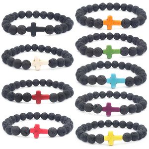 Lava Stone Beaded Strand Bracelets Natural Black Essential Oil Diffuser Elastic cross Bracelet Volcanic Rock Hand Strings jewelry