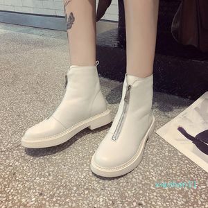 Hot Sale- Leather Front Zip Booty Women's Cotton Padded Boots In Autumn and Winter Boots Women Ankle Boots Square Heel