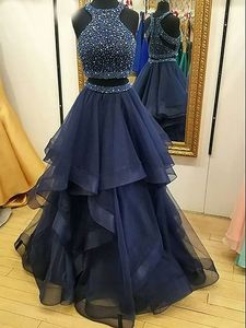 Two Pieces Navy Blue Prom Dresses Beading Crystal 8 Grade Graduation Party Evening Dress Ruffles Tulle Long Prom Gown