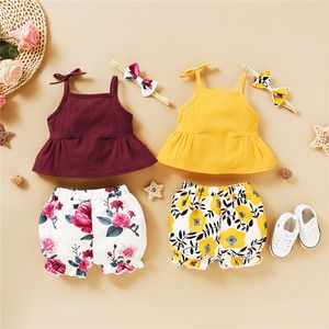 2020 Nyfödd Baby Girl Clothes Summre Spädbarn Toddler Kids Kläder Ställ band Toppar Shorts Headband 3pcs Floral Print Outfit 0-18m