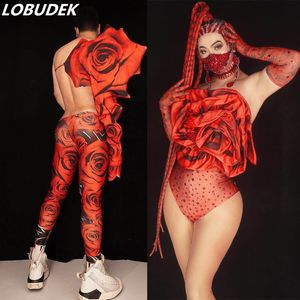 Valentine's Day Party Show Men Women Group Dance Costume Red Rose Flower Crystals Bodysuit Nightclub Bar DJ Dancer Stage Wear267p