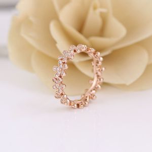 Real 925 Sterling Silver Ring Rose Gold Dazzling Daisy Flower With Crystal Ring Pan Ring For Women Wedding Party Fashion Jewelry