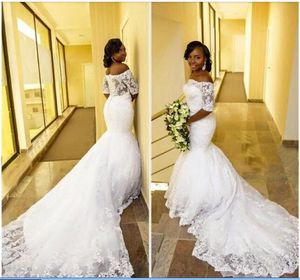 Arabic African Mermaid Wedding Dresses Plus Size Court Train See Through Back Off-the-shoulder Half Sleeve Lace Bridal Gowns 2020 New W650