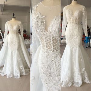 Real Image Sexy New Overskirts Mermaid Wedding Dresses Jewel Neck Lace Appliques Crystal Long Sleeves Detachable Train Bridal Gowns