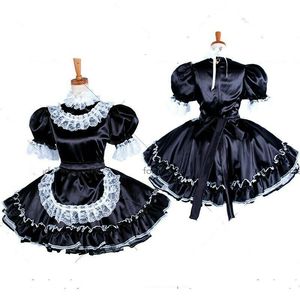 Schwarze Satin-maid großhandel-Abschließbares Sissy Mädchen schwarzes Satin Kleid einheitliches Cosplay Kostüm maßgeschneidert