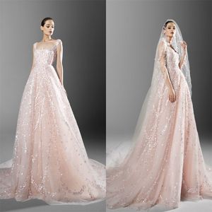 Zuhair Murad 2021春夏のウェディングドレス高級ビーズスクープネックブラッシュピンクローブデマリエビーチウェディングドレスブライダルガウン