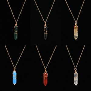 Hexagonal Column Pendants With Gold Chain Creative Necklace Healing Crystals Fashion Natural Stone Agate Jewelry Accessories New 5le c2
