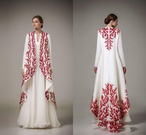 Elegant vit och röd applique Aftonklänningar Ashi Studio 2020-2021 Långärmad En Linje Prom Klänningar Formell Wear Women Cape Party Dresses