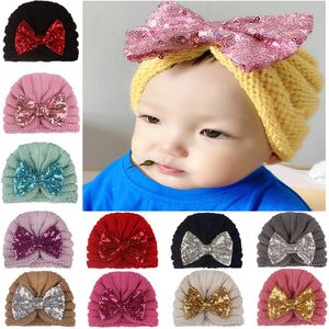 15646 Autumn Winter Baby Girls Knitted Hat Sequins Bowknot Child Headwear Toddler Kids Warm Beanies Turban Hats Children Hats 12 Colors