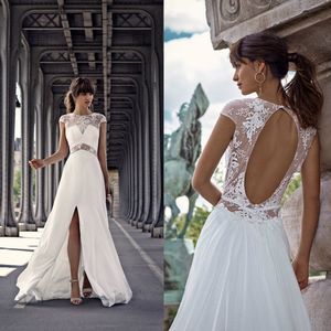2021 Fashion Wedding Dresses Capped Sleeve Lace Split Beach Bridal Gowns Custom Made Hollow Back Sweep Train A-Line Wedding Dress