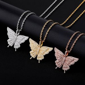 Frauen Mode Hiphop Schmetterling Anhänger Halsketten Voller Diamant Insekt Anhänger Markendesigner Herren Hip Hop Schmuck 18 Karat vergoldet