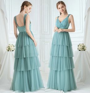 Artı boyutu zarif mavi nedime elbise katmanları a-line gece elbisesi v yaka dantel spagetti kayışları tül düğün önlükleri