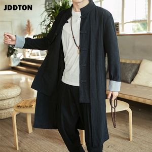 JDDTON Men's Trench Coat Casual Fake Two Pcs Windbreaker Solid Long Outwear Chinese Style Retro Standing Collar Streetwear JE184