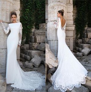 Yeni Moda Zarif Uzun Kollu Denizkızı Gelinlik Dantel Aplike Bel Sweep Tren Gelinlik Gelinlik elbiseler de mariée