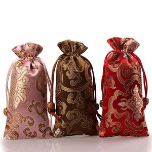 Lengthen Rich Flower Cloth Drawstring Bag Chinese Silk Brocade Jewelry Necklace Gift Pouch Ox Horns Comb Trinket Storage Pockets