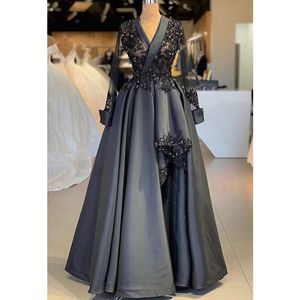 2021 Gray Formal Evening Gowns Asymmetrical Skirt With Illusion Long Sleeves V-neck Women Dress Evening Wear Mother robes de soirée