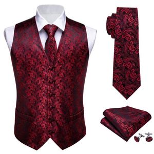 Cravatta da uomo Classic Red Paisley Jacquard Gilet di seta Gilet Fazzoletto Cravatta da sposa per feste Gilet Completo da taschino Set Barry.Wang